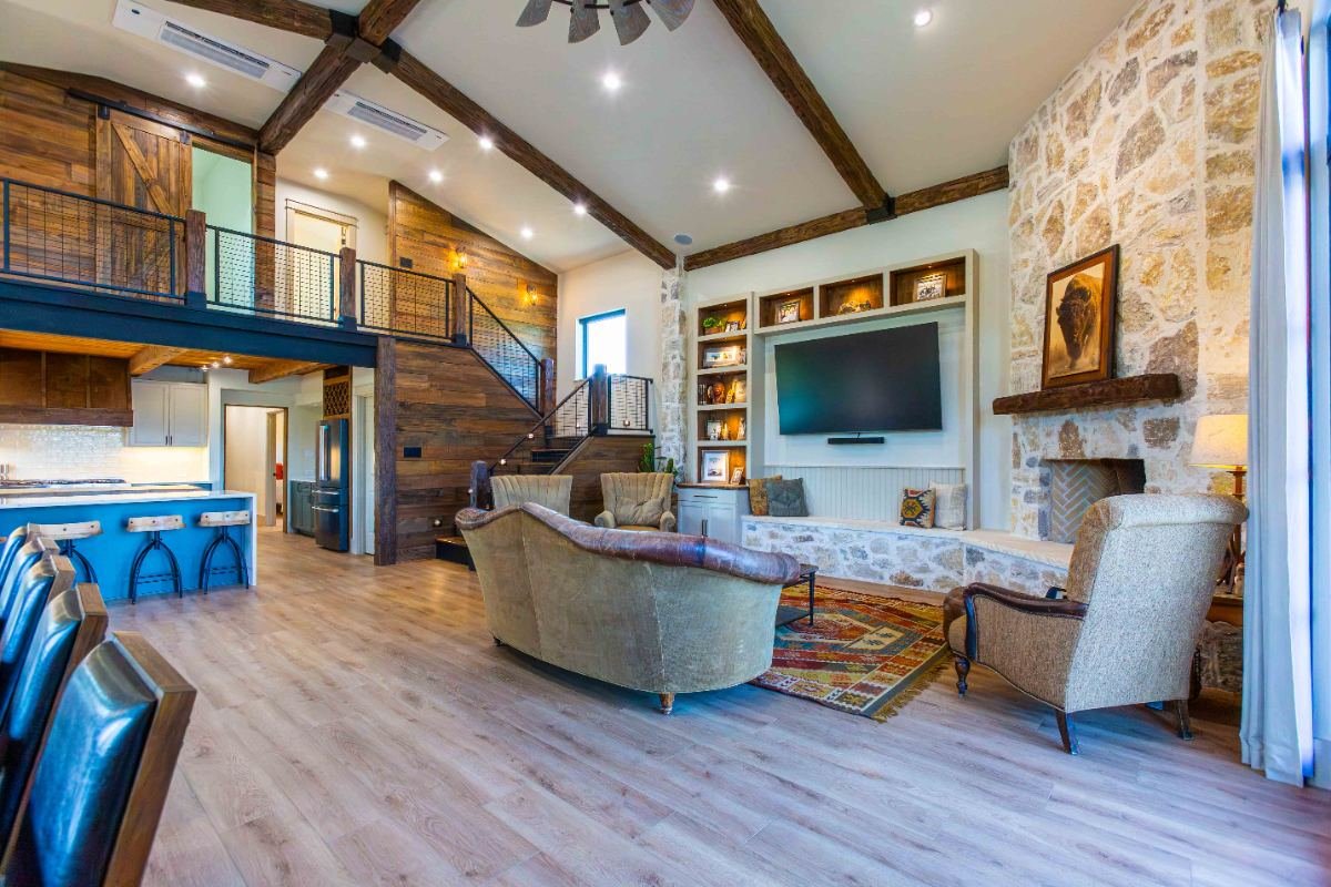 Great room with beamed ceiling
