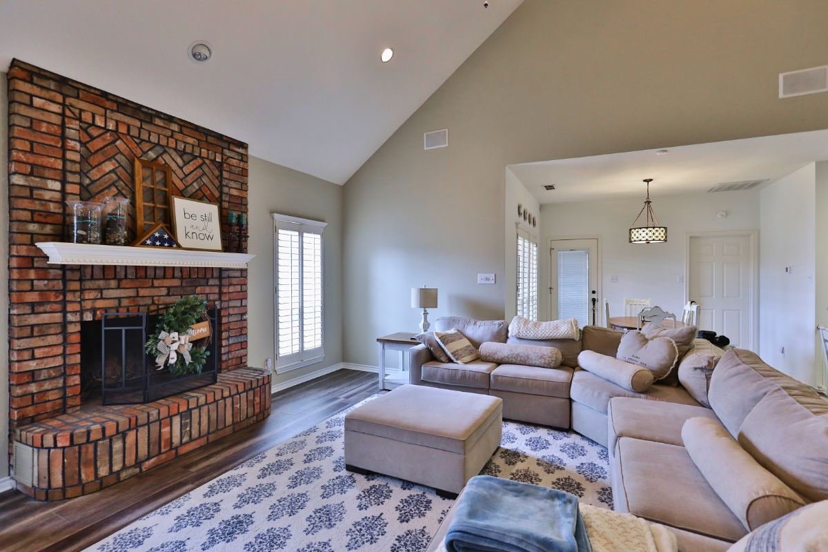 Living room, brick fireplace